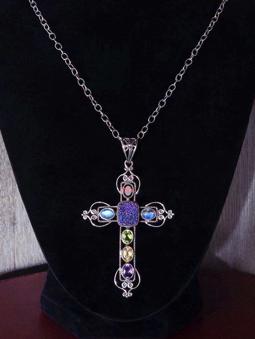 NICKY BUTLER Designer Signed 925 Sterling Silver Druzy Moonstone Cross Necklace